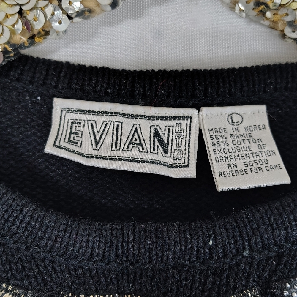Vintage 80s Evian Women's Black Patchwork Sweater Top Size Large Glam Maximalist - Picture 10 of 10